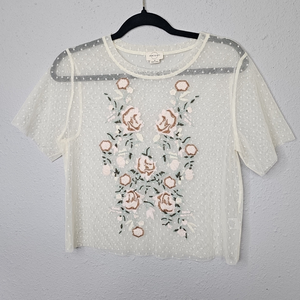 Ivory Cream Mesh Top Womens M Swiss Dot Floral Embroidery Cottage Core Whimsical
